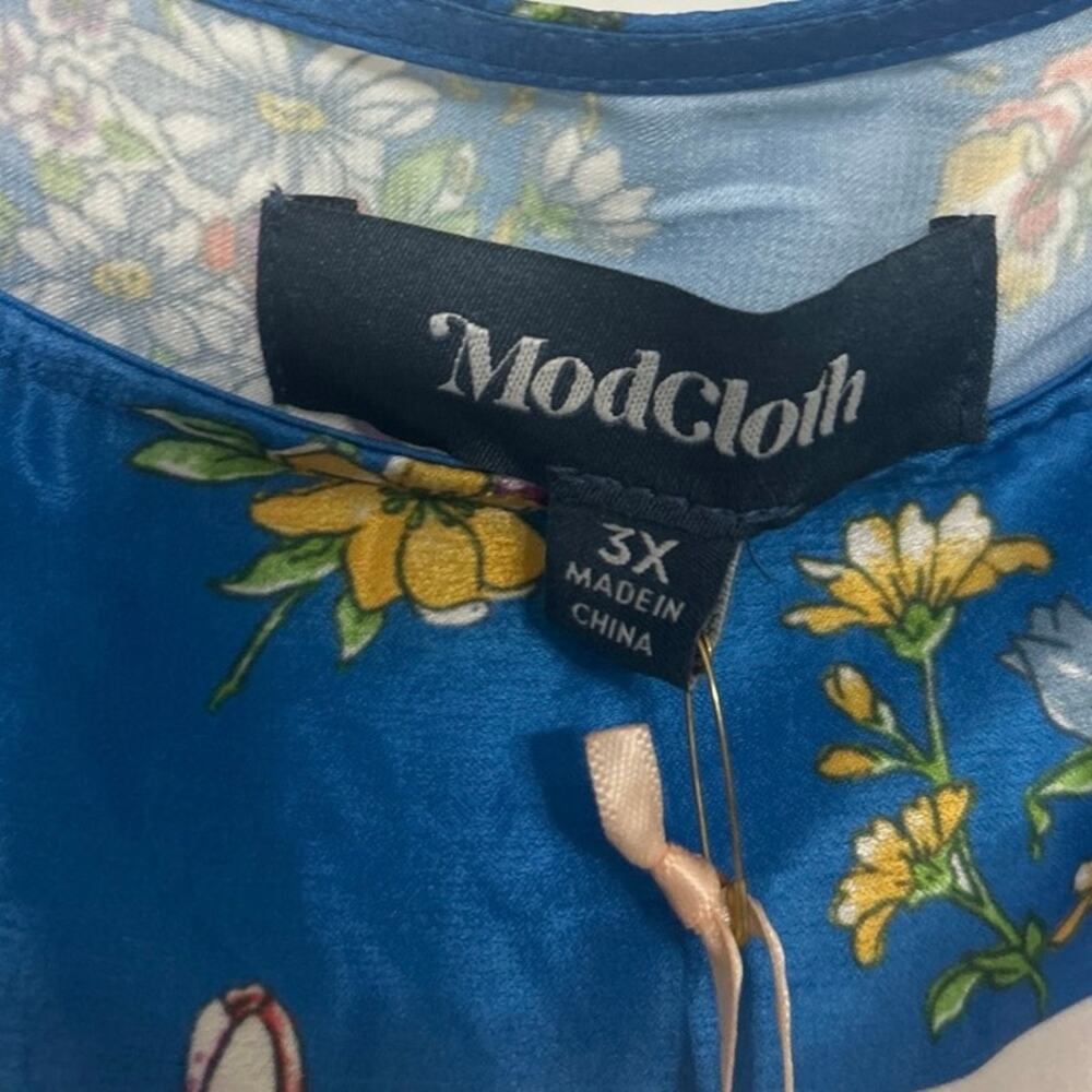 ModCloth Sunlit Reverie Floral Satin Scarf Print Dress Blue Cream 3X NWT Garden - Picture 12 of 15